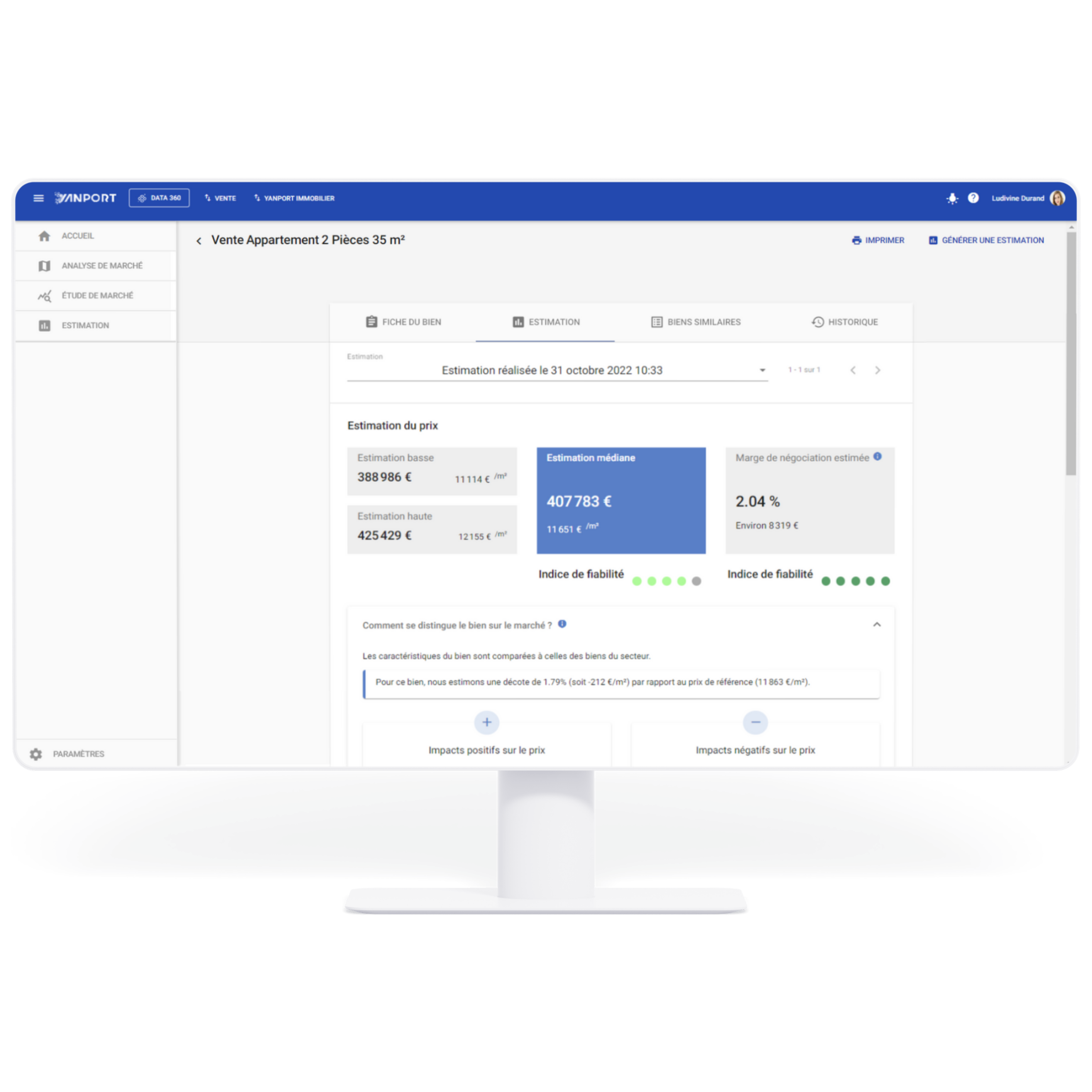 Ecran d'une étude personnalisée de l'application Yanport